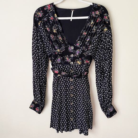 Free People | Wonderland Mini Dress Floral Waist Tie Fit Flare Boho Black Small - Picture 3 of 9
